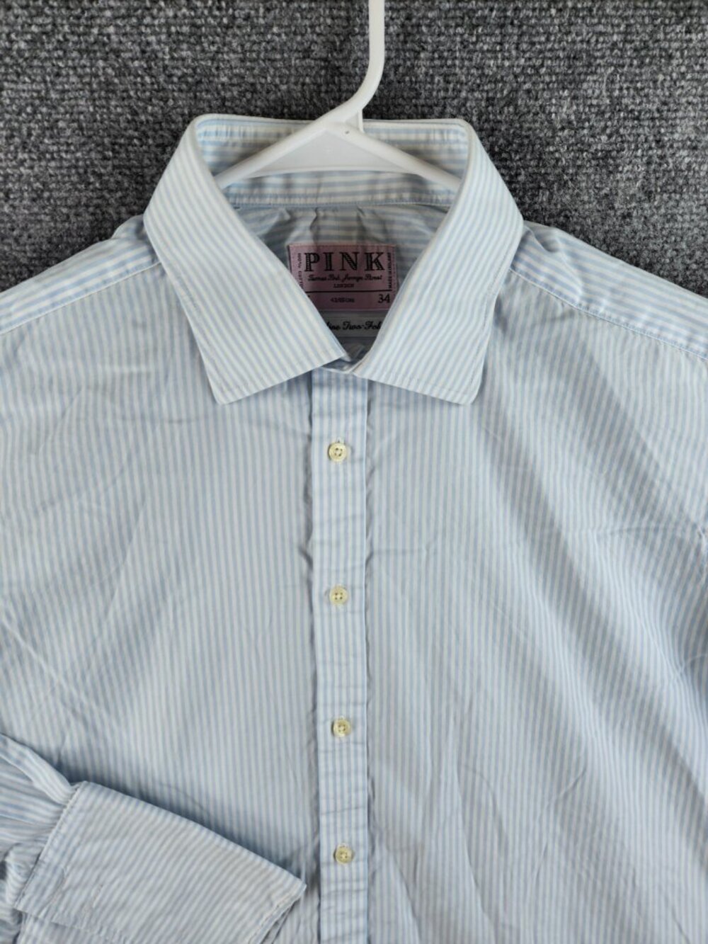Thomas Pink Long Sleeve Button Up Cotton Ireland Blue Striped Superfine 17 34
